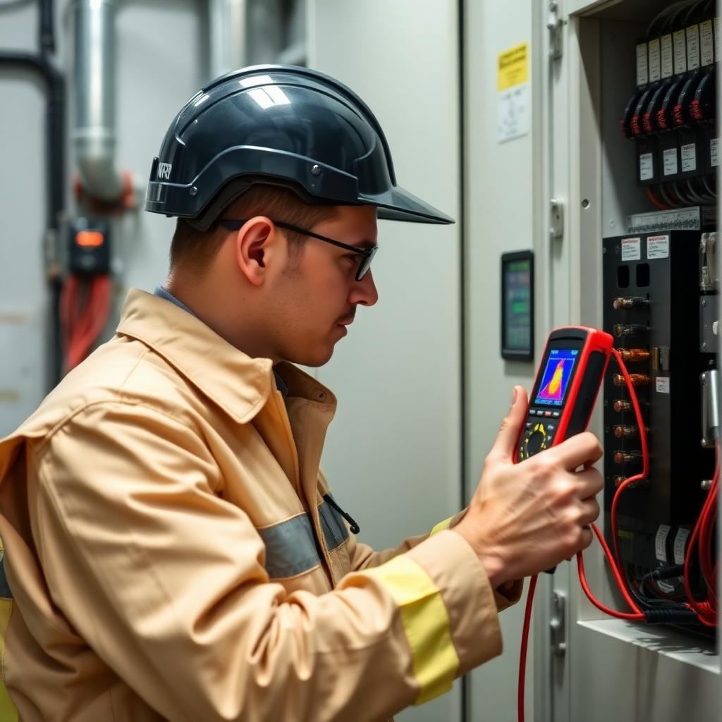 Engenheiro eletricista com termovisor inspecionando quadro elétrico