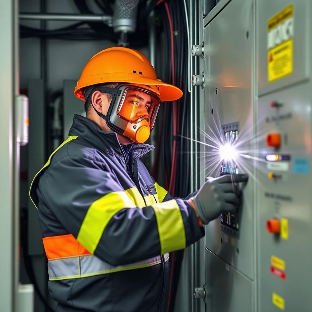 Eletricista trabalhando em painel de alta tensão com EPI completo
