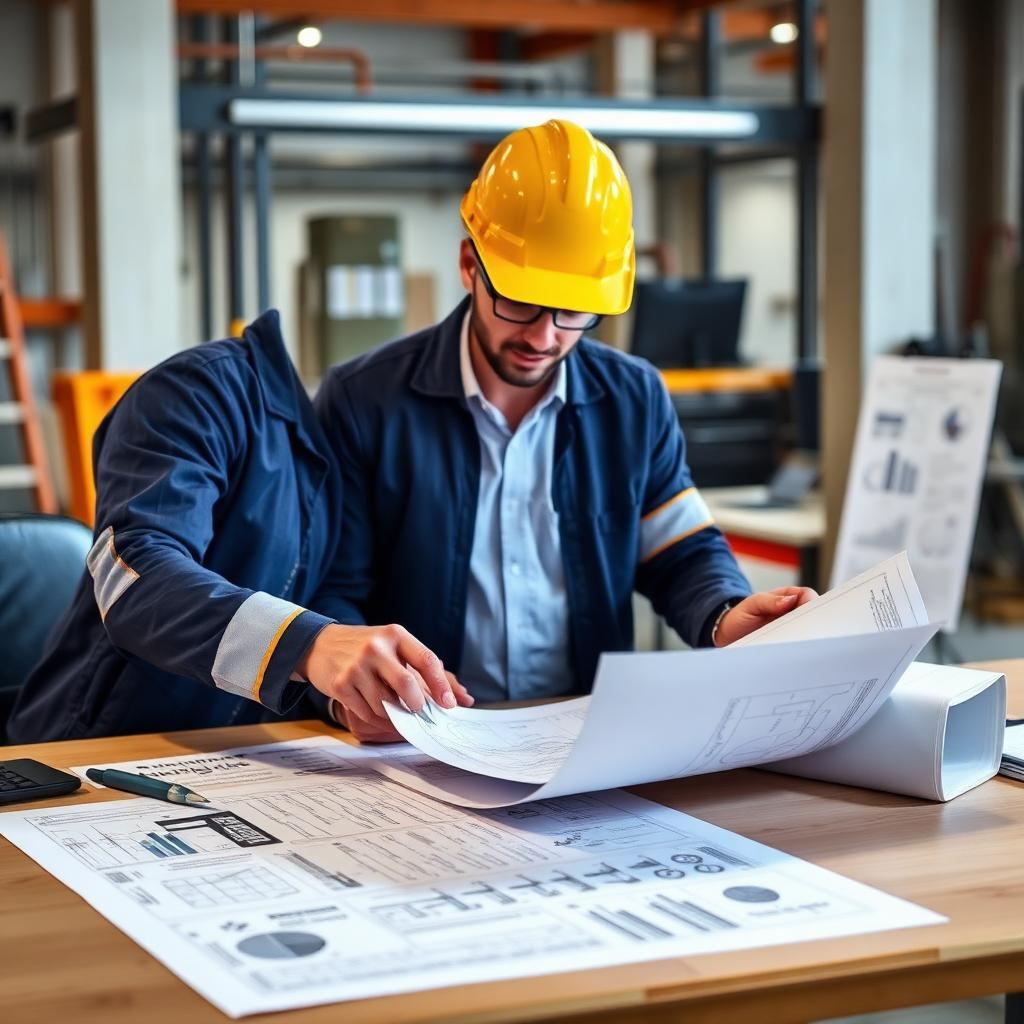 Engenheiro revisando plano de gerenciamento de riscos com plantas técnicas