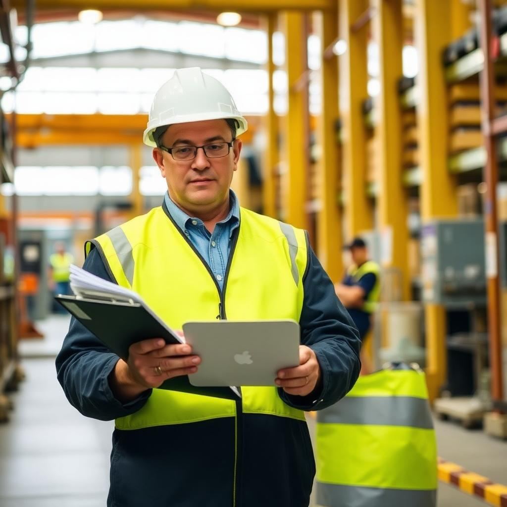Auditor fiscal do trabalho realizando inspeção em ambiente industrial