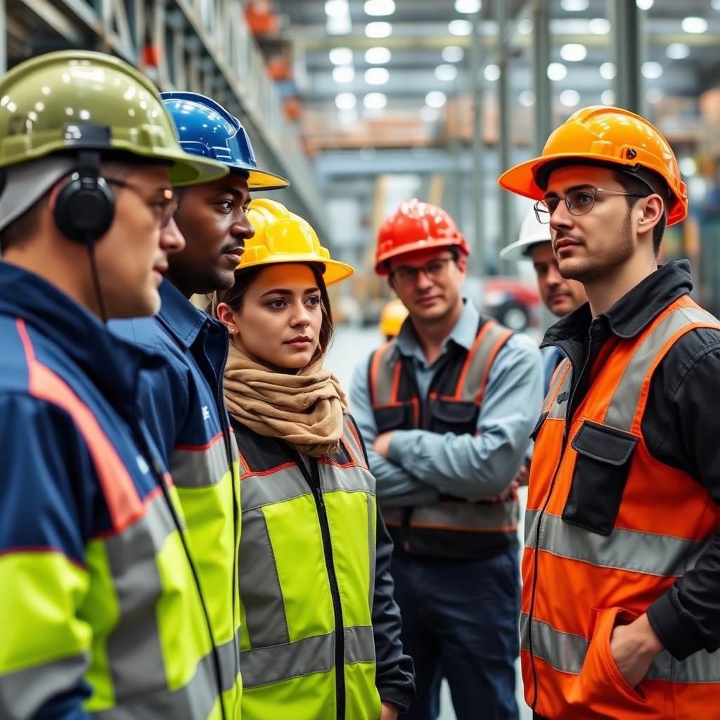 Trabalhadores terceirizados de diferentes empresas em ambiente industrial